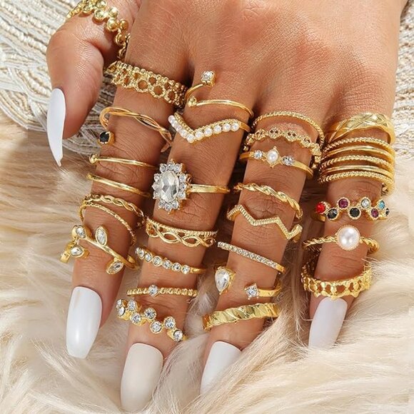 28PC Gold Plated Boho Bohemian Glam Ring Set - Assorted Sizes - Brand NEW - Picture 2 of 4